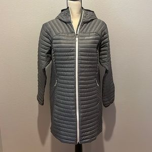 Eddie Bauer Storm Down 800 Grey Long Hooded Lightweight Puffer